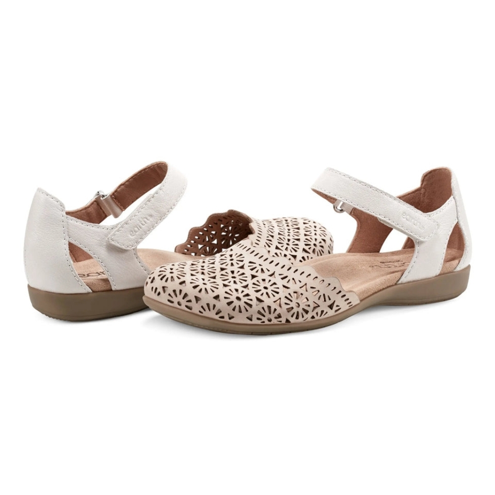 Earth Origins Laser-Cut Ankle-Strap Flats in White and Tan